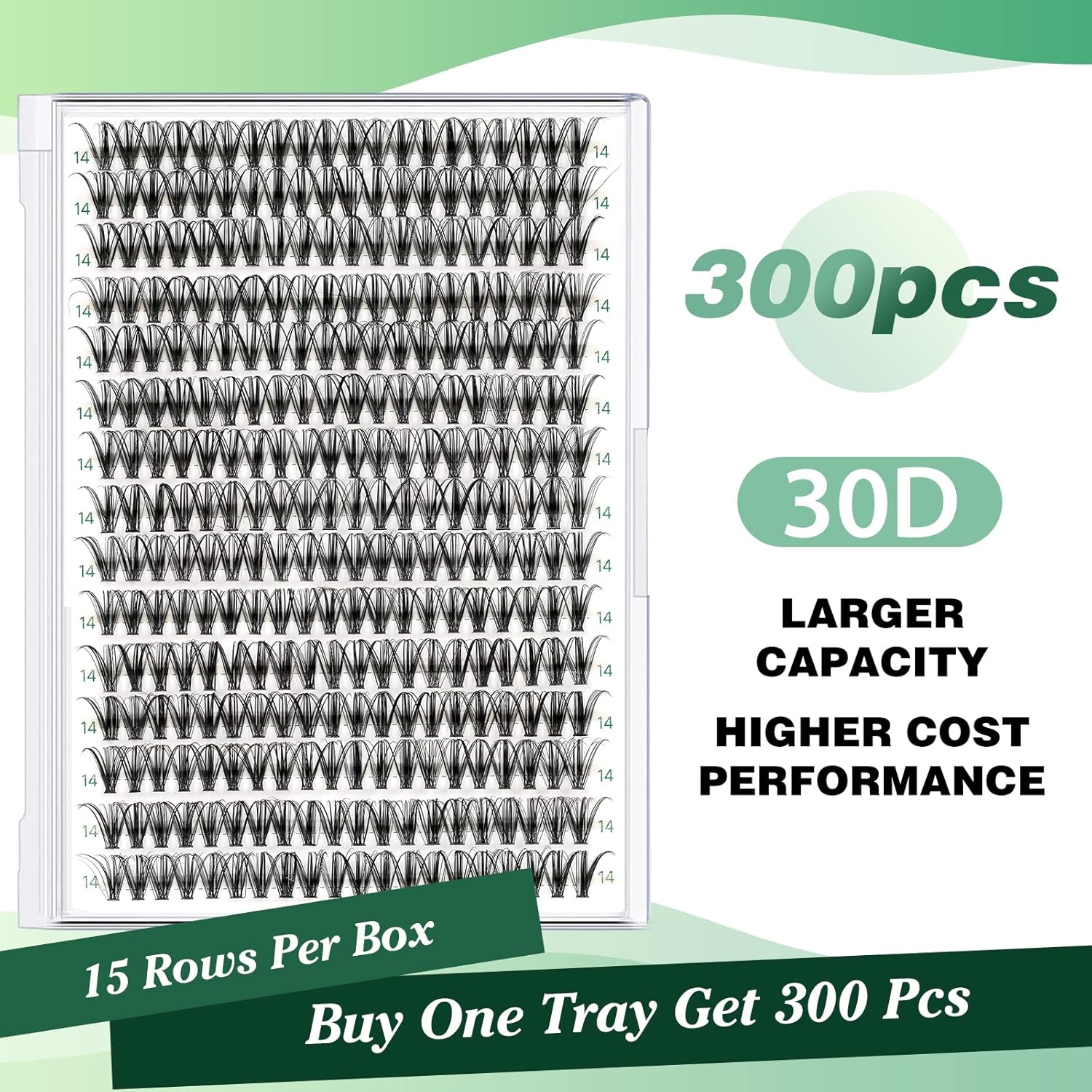 Lash Clusters 300pcs Individual Lashes 30D 0.07D Curl 14mm DIY Eyelash Extension KEYYOU Large Tray Volume Soft&Natural Eyelash Clusters(30D-0.07D,14）