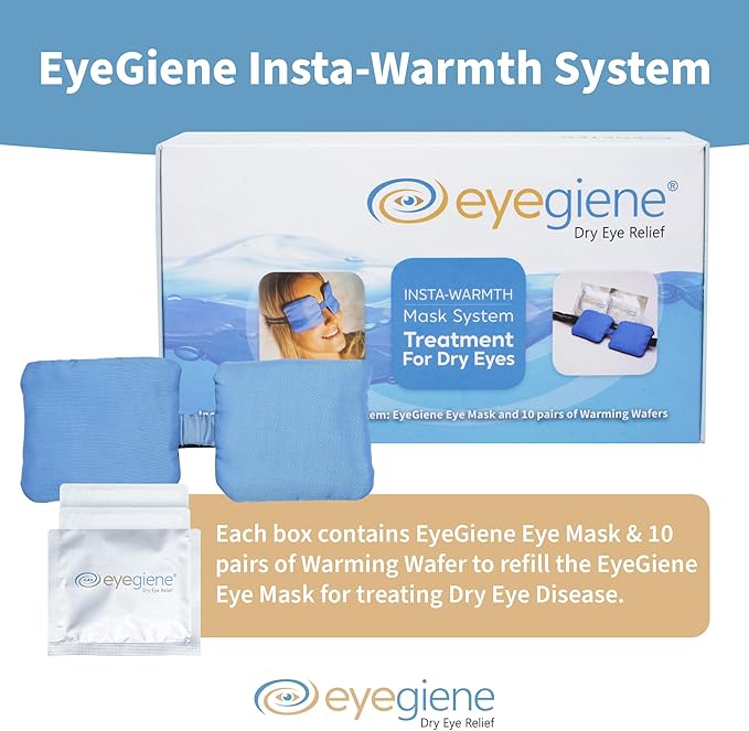 EyeGiene System - Self Heating Eye Mask – Warm Compress for Eyes, Multi-Use Heat Treatment for Dryness, Fatigue, Styes, Blepharitis, Portable Heated Mask for Dry Eyes, 10 Pair Wafers & 1 Eye Mask