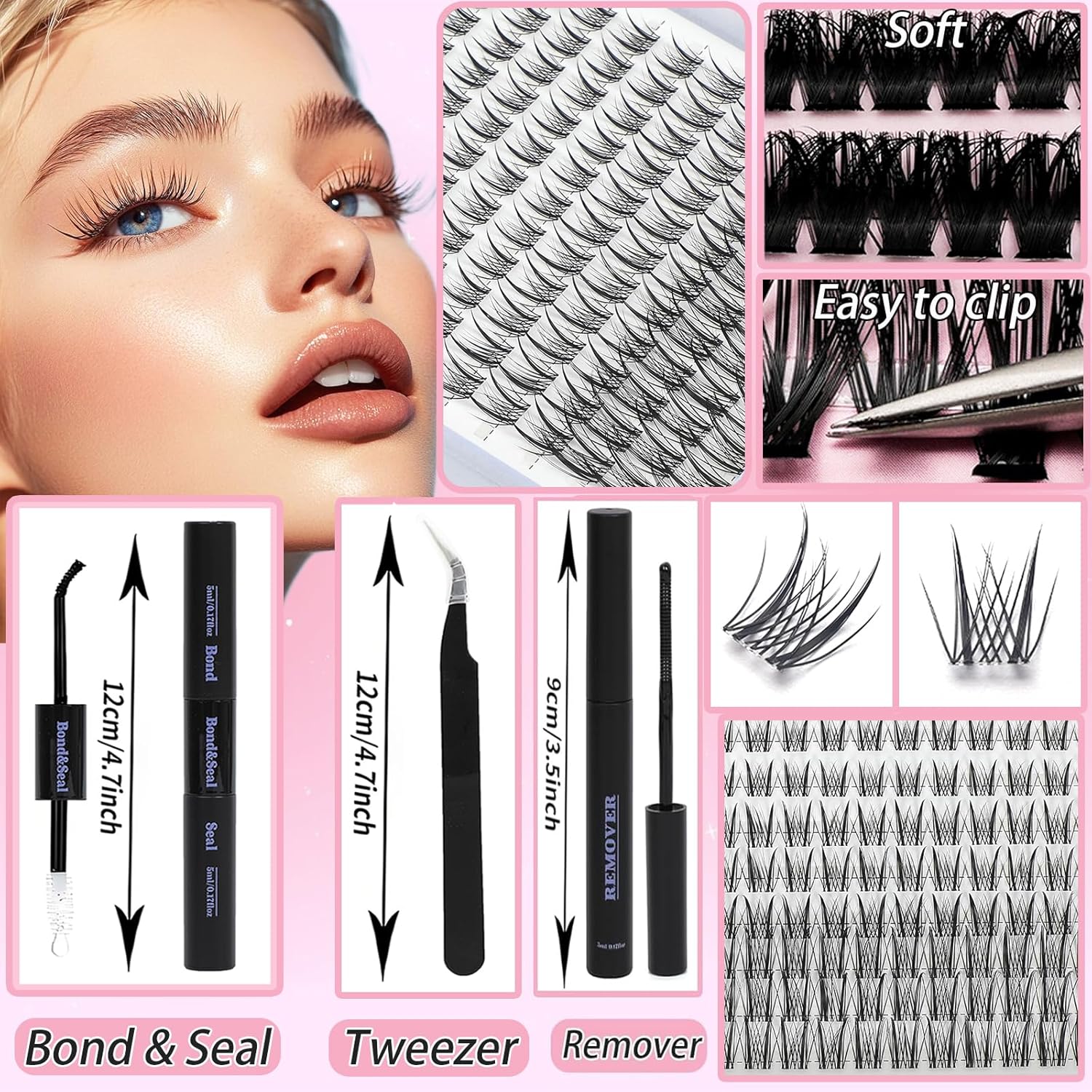 Lash Clusters Kit, Eyelash Clusters Individual Lash Extension Kit D Curl Fluffy Wispy False Eyelashes Extensions Thin Band with Bond Seal Tweezers Brush (Lash Clusters With Tool, SMY 8-16mm)