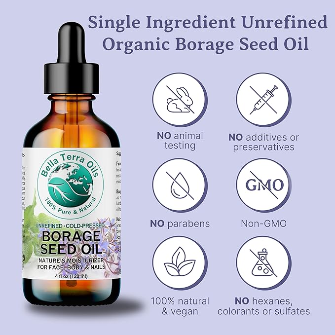 Bella Terra Oils - Organic Borage Seed Oil 16 oz - Unveiling the Power of GLA & Vital Vitamins, Pure Nourishment, Elevate Every Skin Care Routine