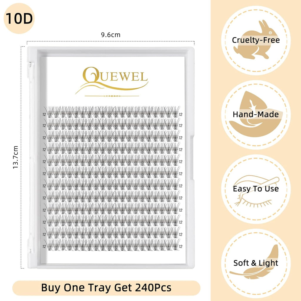 QUEWEL Cluster Lashes 240Pcs Individual Lashes 10D 0.10D Curl 12mm Knot-Free Lash Extensions Clusters Lashes Soft&Natural False Eyelashes Individual DIY Eyelash Extension at Home(10D 0.10D 12)