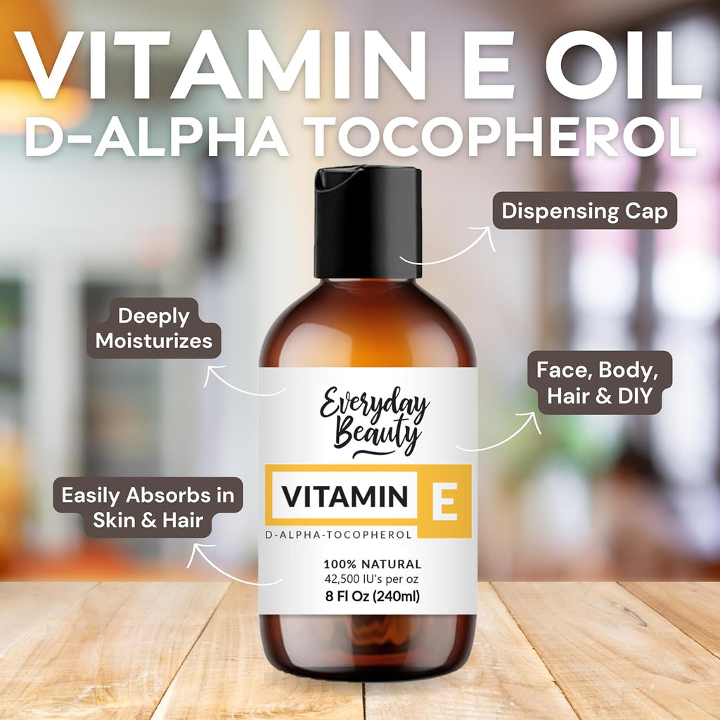 Pure Vitamin E Oil Bulk - 8 oz D-Alpha Tocopherol 100% Pure & All Natural 42,500 IU per oz - Not a Blend, Thick, Amber Color - From Wheat Germ - Face Body Hair - DIY Cosmetics & After Surgery Scars…