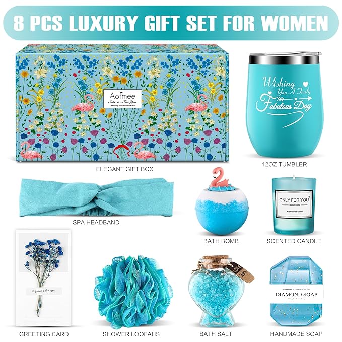 Birthday Gifts for Women, Spa Gift Baskets for Women Mom Her Wife Best Friends Girlfriend Teen Girls Sister Teacher Nurse, Unique Blue Self Care Relaxing Gifts for Christmas Valentines Mothers Day