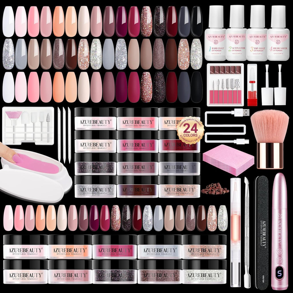 AZUREBEAUTY Dip Powder Nail Kit with Electric Nail Drill, 24 Colors Nude Pink Glitter Nail Powder Starter Kit with Dip Liquids Base Top Coat Activator Portable Manicure French Nail Art Essential Set