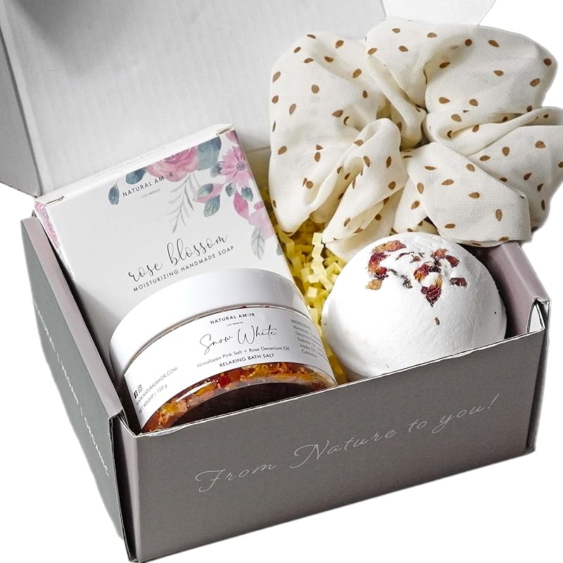 Natural Amor Rose Spa Gifts for Women,4pcs Self Care Box Including Soap Bar, Bath Bomb, Bath Salt,Thank You Gift for Women