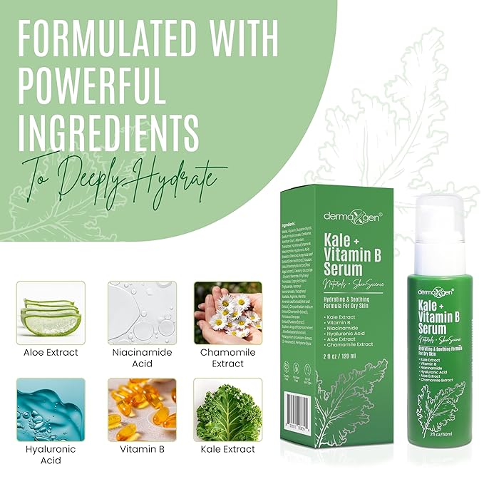 Soothing Skin Care Serum - Kale and Vitamin B Serum - Brightening Serum for All Skin Types - Hydrating Serum with Niacinamide, Hyaluronic Acid - Facial Serum Unclogs Pores, Combats Dryness