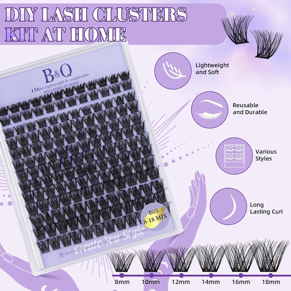 B&Q Lash Clusters 156PCS Lash Clusters Kit B05 DIY Lash Extension Kit Eyelash Extension Kit 8-18mm Lashes Clusters with Lash Bond & Seal Lash Applicator Tool for Self Use (Kit,B05)