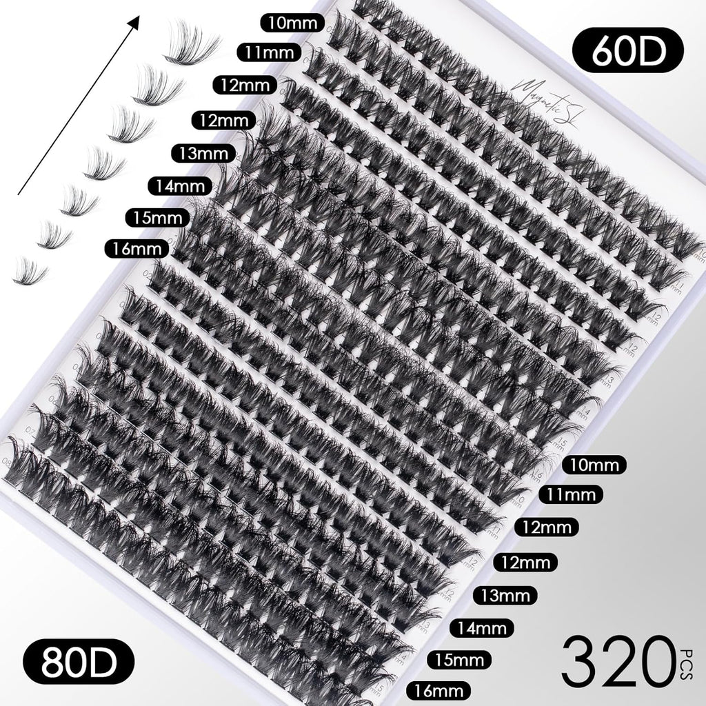 DIY Lash Extensions Kit 320pcs Individual Lashes Clusters 60D 80D D Curl Eyelash Extension Kit with Applicator and Lash Bond&Seal,Clusters Lash Glue Remover For False Eyelash Mix 10-16mm (60D+80D KIT)