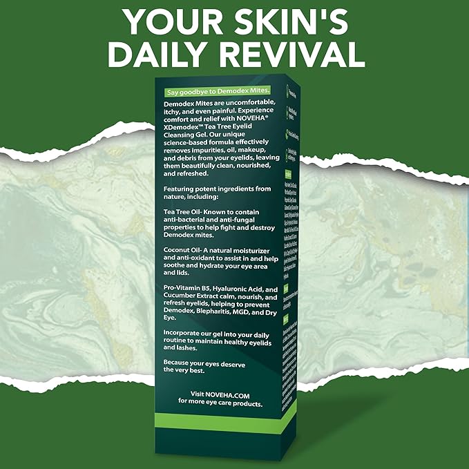 NOVEHA Demodex Extra Strength Eyelid Gel Cleanser - for Demodex, MGD and Dry Eye with Pro-Vitamin B5, Tea Tree Oil, and Hyaluronic Acid - Gentle Cleansing, Soothes Itchy Eyelid - 50mL (2 Pack)