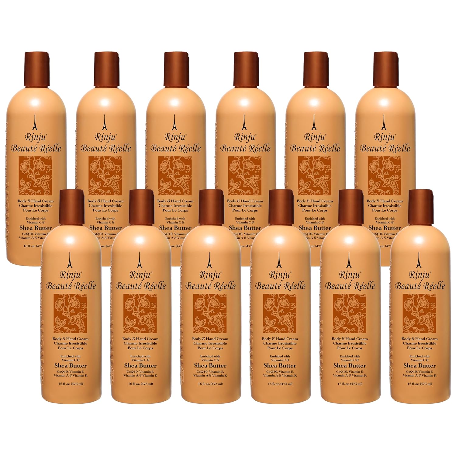 Rinju Beaute Relle Body and Hand Cream 16 oz. (Case of 12) - Shea Butter Cream for Dry Skin - Vitamin E, A & K Moisturizer