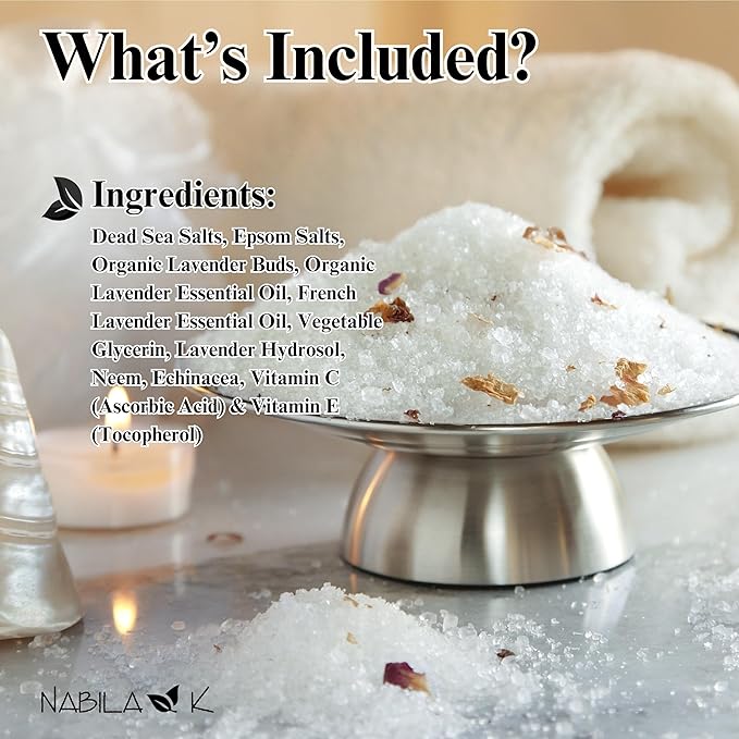 Organic Lavender Bath Salts by Nabila K - Dead Sea Salt & Epsom Salt Scrub & Soak - Exfoliates & Hydrates Skin, Botanical Essential Oils - Bubble Bath Accessories for All Skins Types, 2 oz