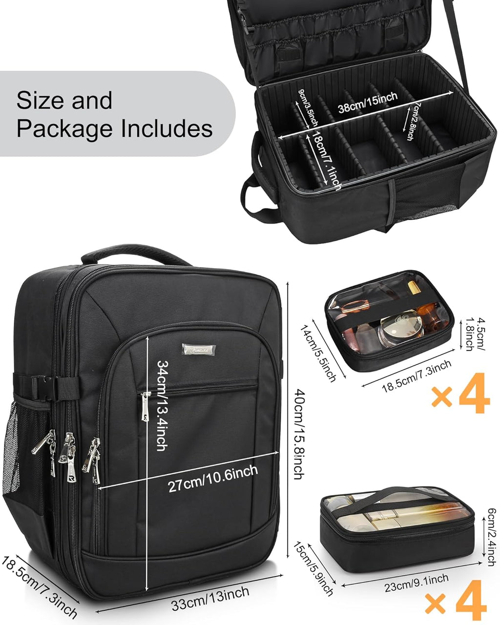 Makeup Backpack Professional Cosmetic Artist Bag Extra Large Travel Train Case Storage Organizer Double-Layer Cosmetic Case with 8 Pouch &Adjustable Divider (Black)