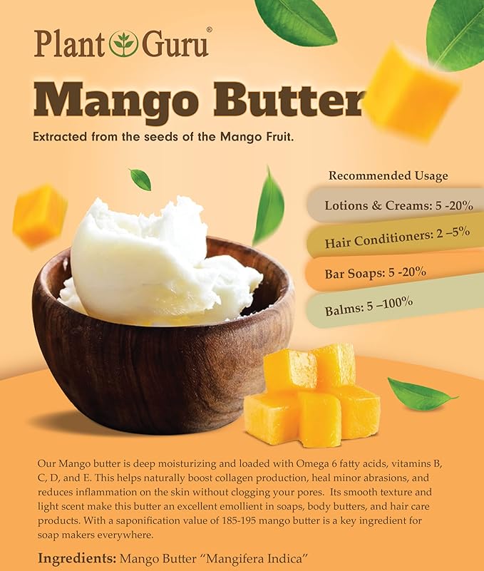 Raw Mango Butter 4 oz 100% Pure Natural Cold Pressed. Skin Body and Hair Moisturizer, DIY Creams, Balms, Lotions, Soaps.
