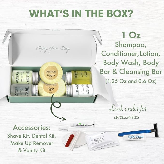 Terra Pure Green Tea Amenity & Accessory Kit | 1 oz Travel Size Shampoo, Conditioner, Lotion, Body Wash, 2 Soap Bars, Shave & Dental Sets, Make-Up Remover Wipes, & Vanity Kit | 1 set per case