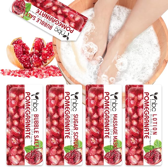 Pedicure Kit Foot Soak Set: Bubble Salt, Sugar Scrub, Massage Mask, Massage Lotion in a Box, 4 Step Foot Spa Kit for Dry Feet,Tired Feet (1 Set Pomegranate)