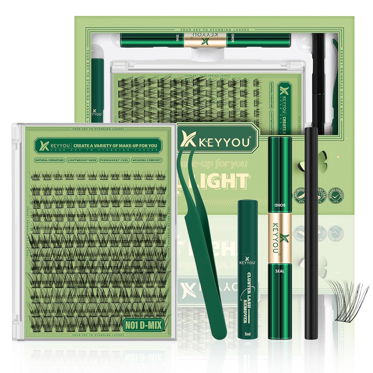 KEYYOU Natural Lash Clusters Kit 144Pcs DIY Lash Extension Kit Wispy Eyelash Extensions Kit D Curl 8-18MIX with Bond and Seal and tweezers with Thin Lash Band(KIT-N01-D-8-18MIX)