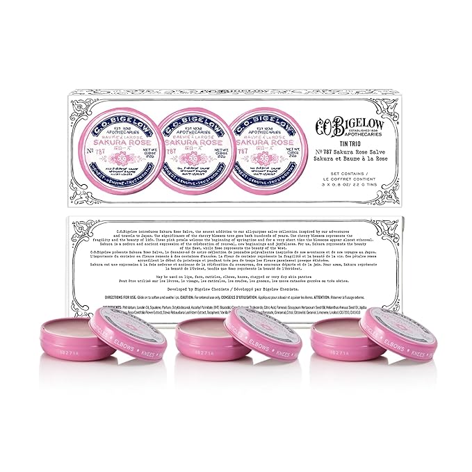 C.O. Bigelow All Purpose Lip Balm Tins, Sakura Rose - Pack of 3 for Chapped Lips & Dry Skin - Moisturizing Lip, Cuticle and Skin Salves, 0.8 oz each