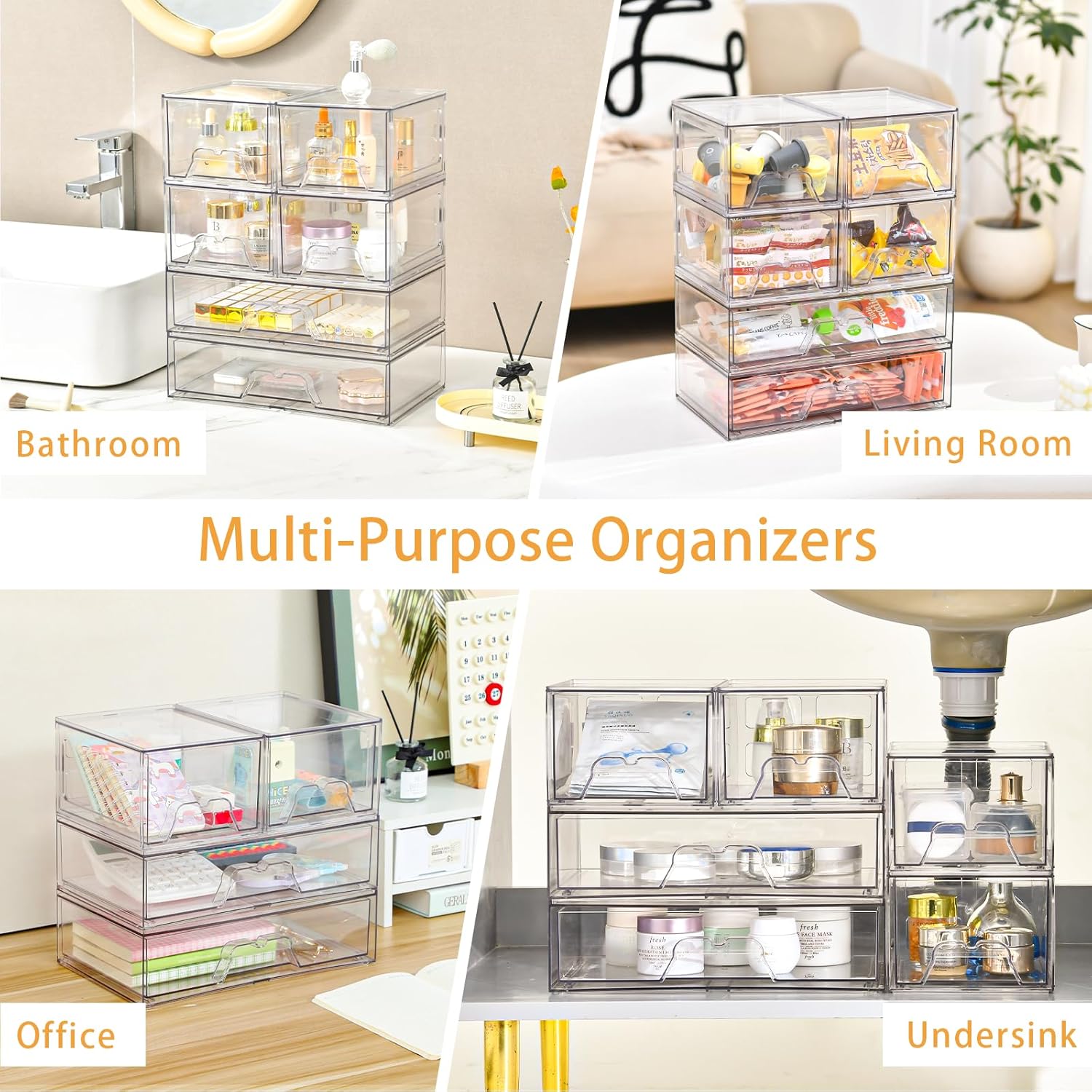 4 Pack Stackable Storage Drawers Clear Acrylic Organizer Bathroom Makeup Organizer and Storage for Beauty Supplies,Ideal for Vanity, Bathroom,Cabinet,Pantry Organization