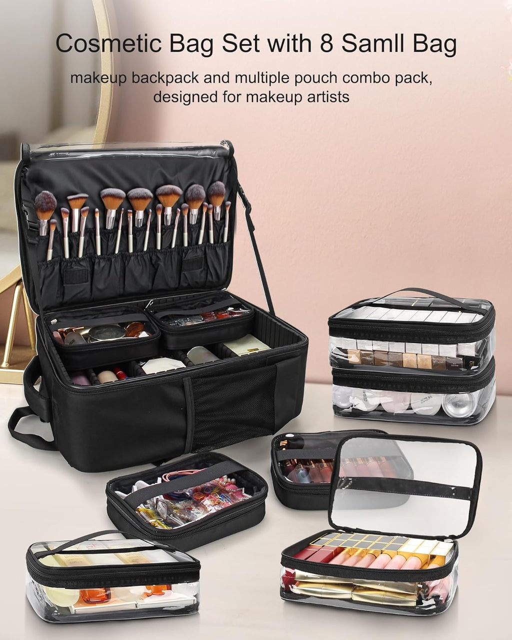 Makeup Backpack Professional Makeup Artist Bag Extra Large Cosmetic Bags with 8 Small Bags Double-Layer Travel Cosmetic Train Case Storage Organizer with Adjustable Divider