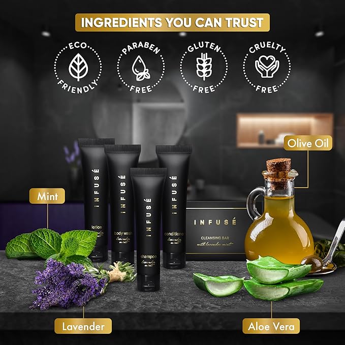 Infuse Black Amenity Kit | Boxed Hotel Toiletries | Bulk Set 1 oz Travel Size Shampoo, Conditioner, Lotion, Body Wash & Cleansing Bar for Guest Hospitality Hotel/Vacation Rentals | 300 Pieces