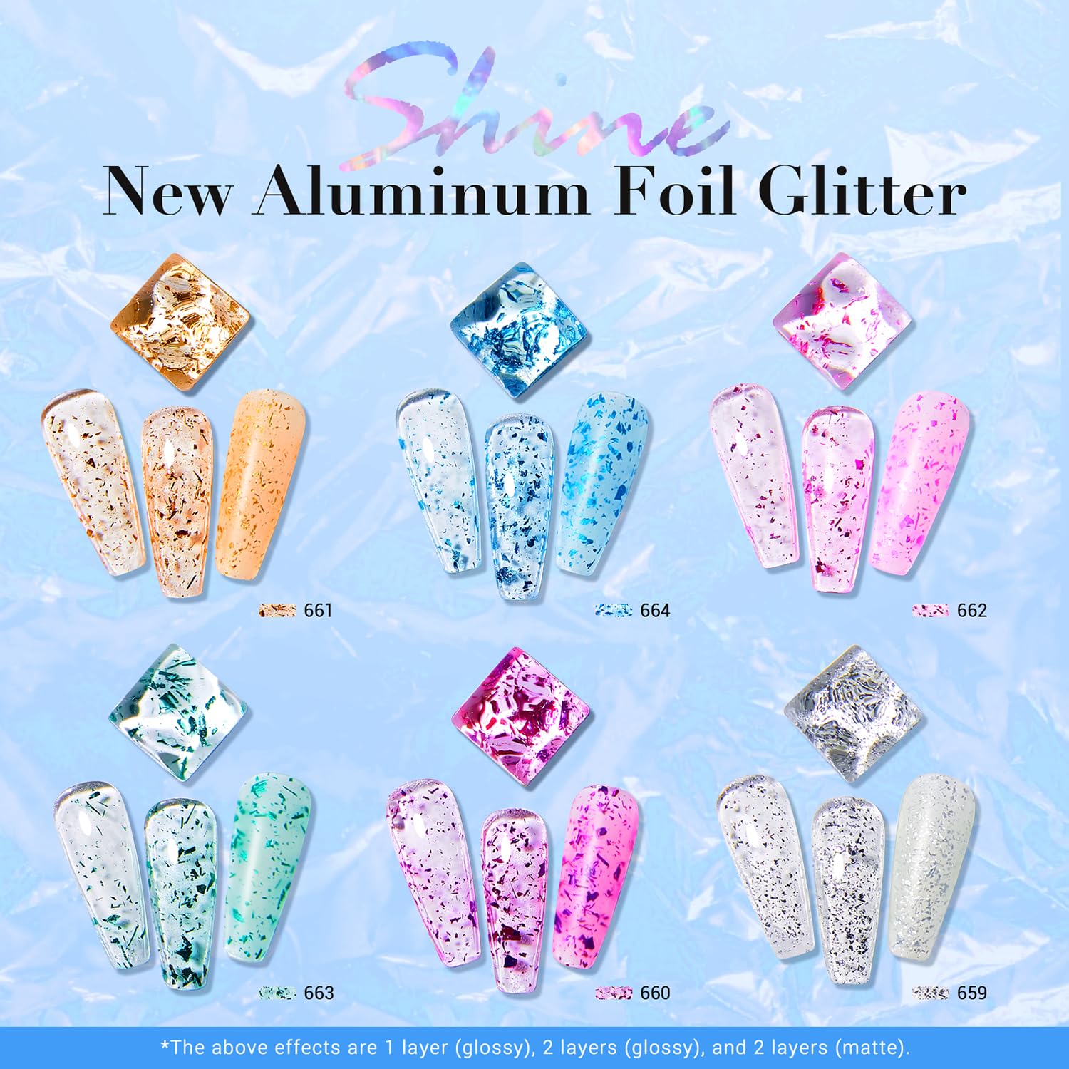 AZUREBEAUTY Dip Powder Nail Set, Blue Green Yellow Silver Light Dark Pink with Sparkle Aluminum Foil, 6 Colors All Seasons Dipping Powder Starter Kit Nail Art Manicure Salon, No Need Nail Lamp Cured