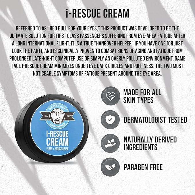 Game Face Grooming i-Rescue Cream – Eye Moisturizer | Firm and Moisturize Under Eye Wrinkles & Bags | Infused With Caffeine & Vitamin C | Every Day Use To Combat Aging Or Looking Fatigued | .5 fl oz