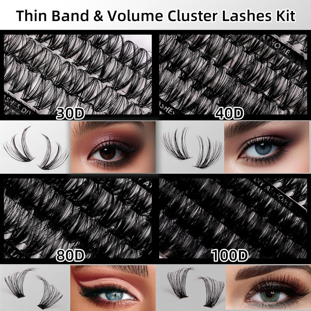 Lash Clusters 320pcs Lash Extension Kit 30D 40D 80D 100D Individual Lashes Kit 12-20mm Eyelash Extension Kit with Lash Bond&Seal,Lash Remover and Lash Tweezers for Easy Use(30/40/80/100D-0.07D Kit))