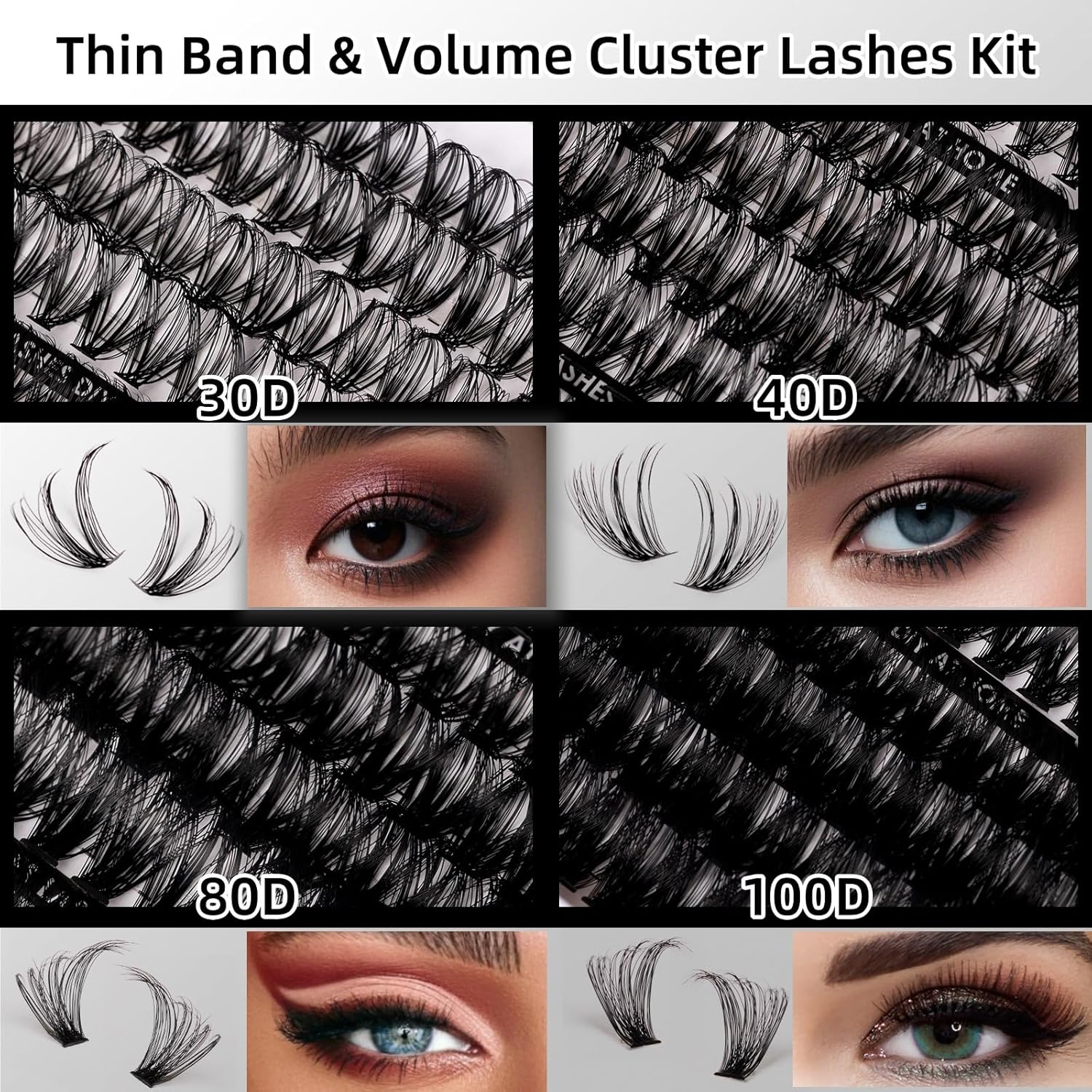 Lash Clusters 320pcs Lash Extension Kit 30D 40D 80D 100D Individual Lashes Kit 12-20mm Eyelash Extension Kit with Lash Bond&Seal,Lash Remover and Lash Tweezers for Easy Use(30/40/80/100D-0.07D Kit))