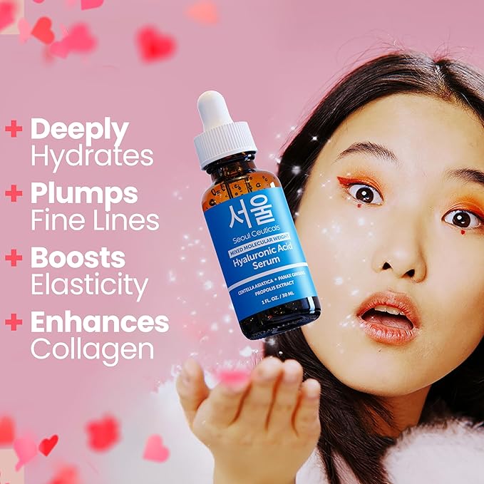SeoulCeuticals Korean Hyaluronic Acid Serum For Face - High Molecular Weight & Low Molecular Weight Hyaluronic Acid - Centella Serum + Propolis. 1oz