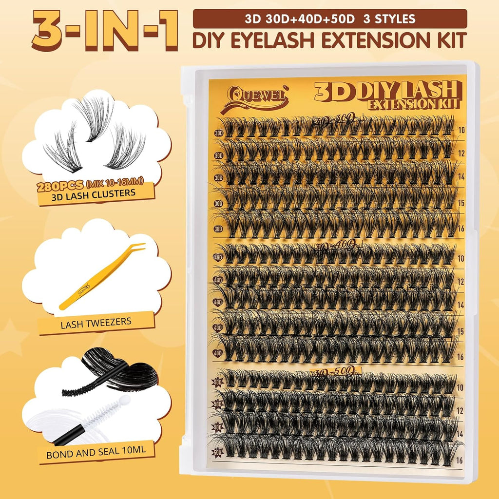 QUEWEL DIY-Lash-Extension-Kit, 3D Lash-Clusters-Kit with 280PCS 30+40+50D Lashes Clusters Mixed 10-16mm Eyelash Clusters, Lash Bond and Seal, Eyelashes Tweezers DIY at Home(3D 30+40+50 KIT)