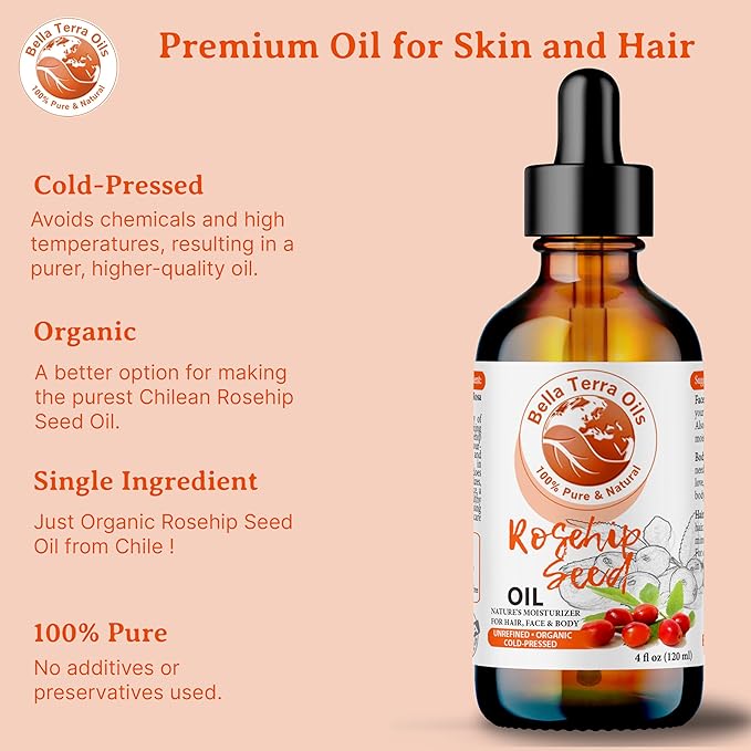 Bella Terra Oils Organic Rosehip Oil for Face, Pure Cold-Pressed Rose Hip Seed Oil for Skin & Hair, Natural Moisturizer & Anti-Aging Facial Oil