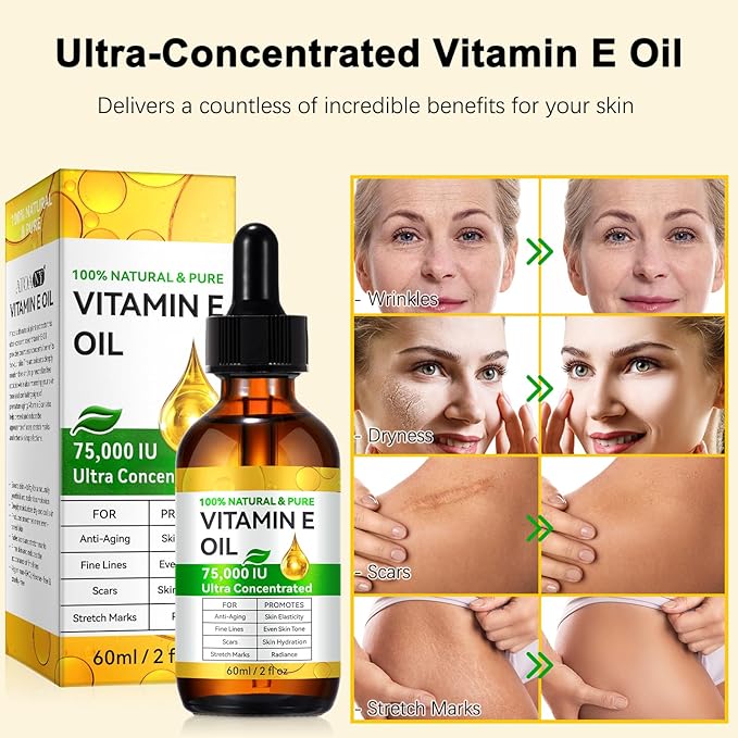 Organic Vitamin E Oil 2.02 fl.oz, 100% Pure & Natural Vitamin E Oil Blend 75,000 IU, Vitamin E Oil for Skin Face and Scars, Body Bath Oil Moisturizing Dry Skin and Winkles for Healthy Radiant Skin