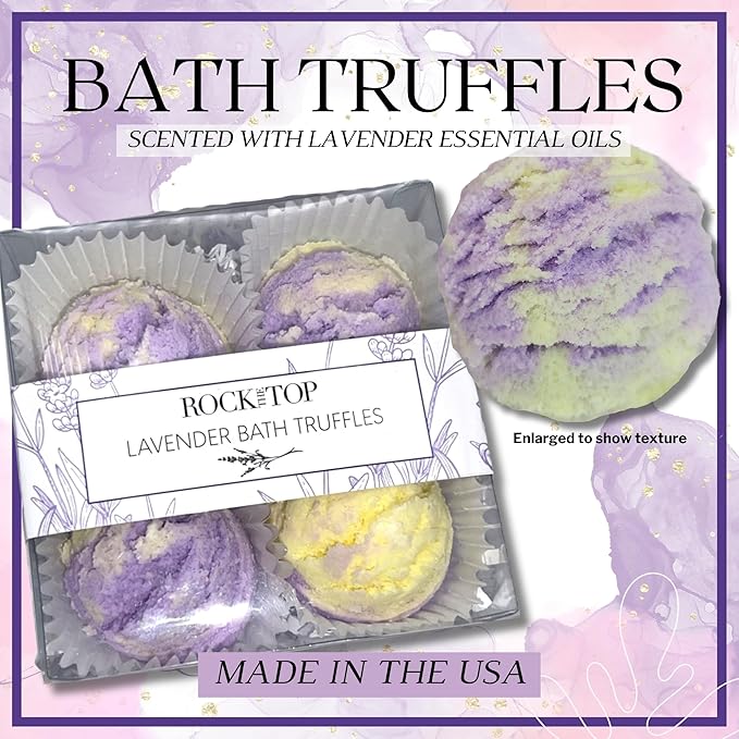 USA Made | 6 Lavender Self Care Gifts for Women, Bath Bombs (Truffles), Plant Based Dry Brush Body Brush Loofah, Epsom Salt Bath Soak, Handmade Soap, Herbal Bath Tea, Self Care Gift Box.