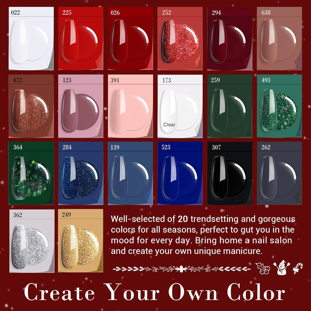 AZUREBEAUTY 31 PCS Dip Powder Nail Starter Kit Christmas, Red Green Gold Grey Acrylic Dipping Powder 20 Colors Set with Recycle Tray Top/Base Coat Activator French Nail Art Manicure Salon