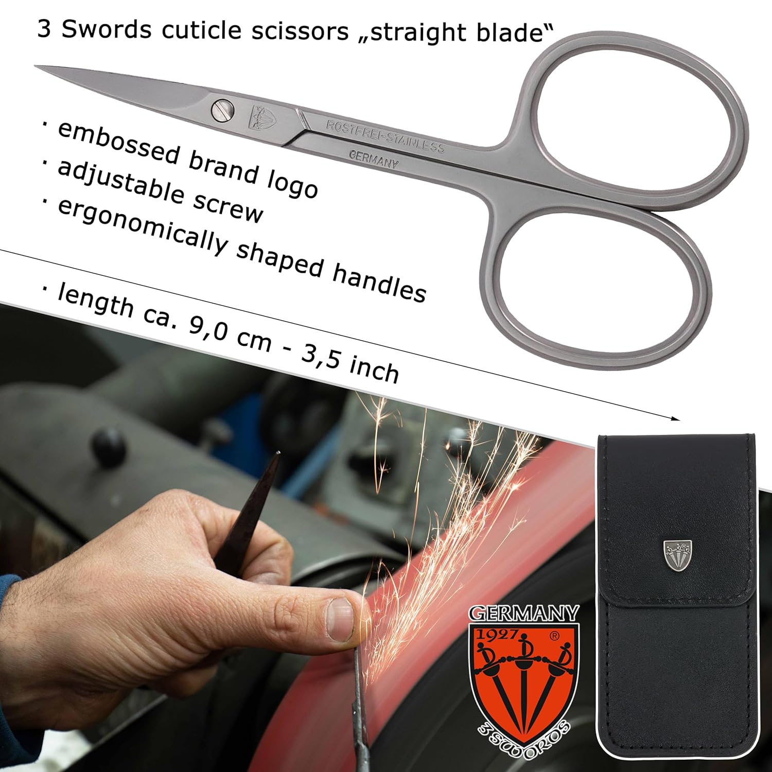 3 Swords Germany - brand quality STAINLESS STEEL INOX STRAIGHT CUTICLE SCISSORS (1 PIECE) with case for manicure pedicure - nail care by 3 Swords - Made in Germany