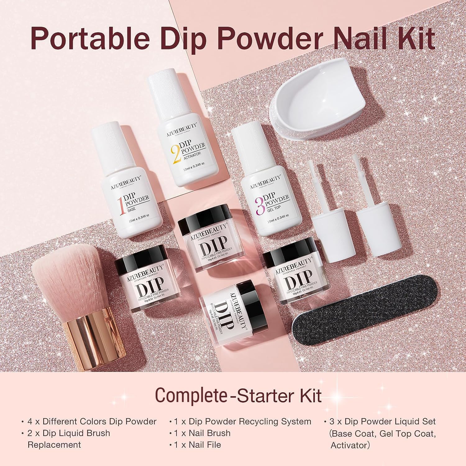 AZUREBEAUTY Dip Powder Nail Kit Starter, All Season Nude Skin Glitter 4 Colors Dipping Powder Liquid Set Recycling Tray with Base & Top Coat Activator for French Nail Art Manicure Salon DIY at Home.