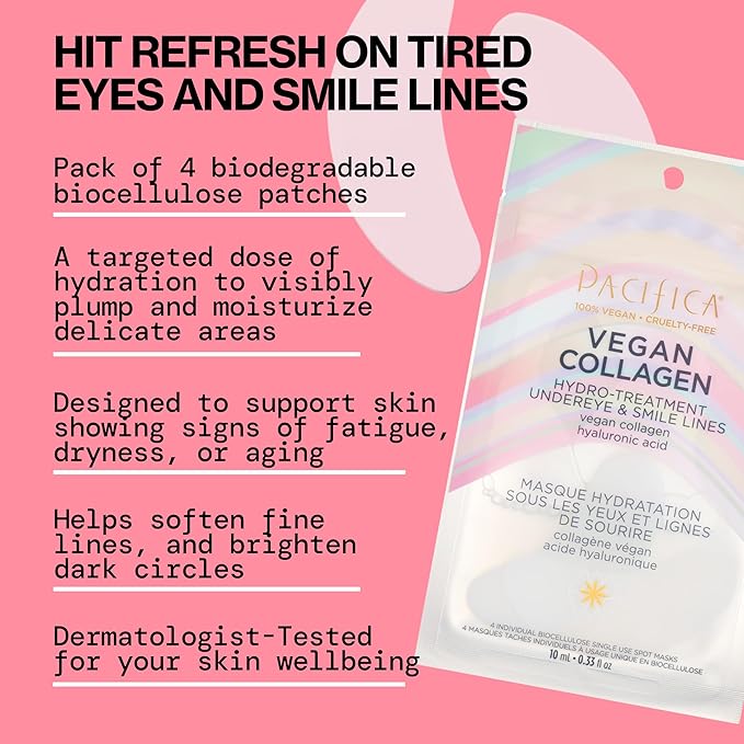 Pacifica Vegan Collagen Undereye & Smile Line Patches – Hydrating Hydro-Treatment Mask for Fine Lines & Wrinkles, Plumping Under Eye & Laugh Line Gel Pads, Unscented, 100% Vegan (2 Patches)