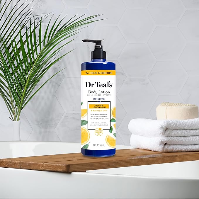 Dr Teal's Body Lotion, Lemon Prebiotic Lemon Balm & Essential Oils, 18 oz (Pack of 3)