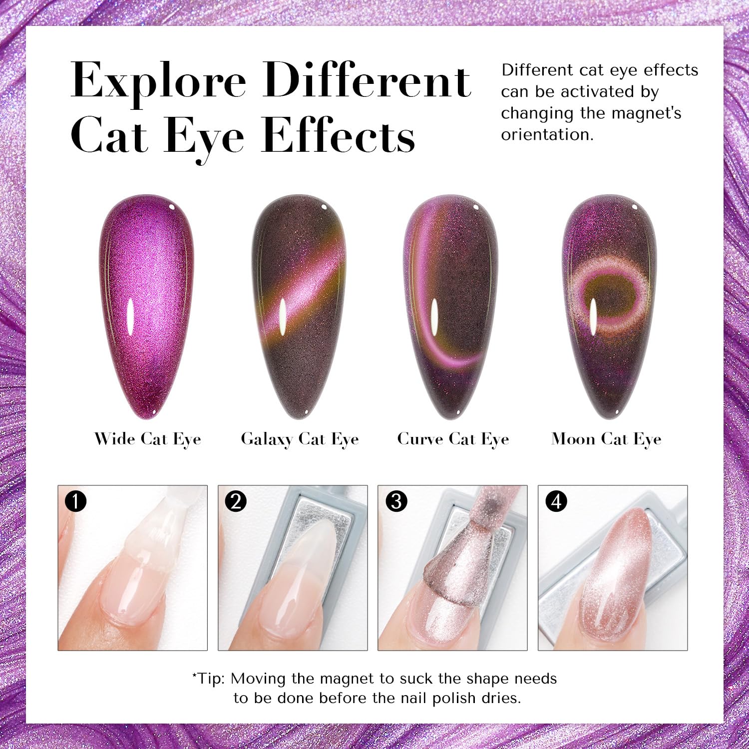 AZUREBEAUTY Cat Eye Nail Polish Set Quick Dry Mooncat Glitter Holographic Purple Black Red 4 Colors Natural Fingernail with Top Coat DIY Salon Home no Gel