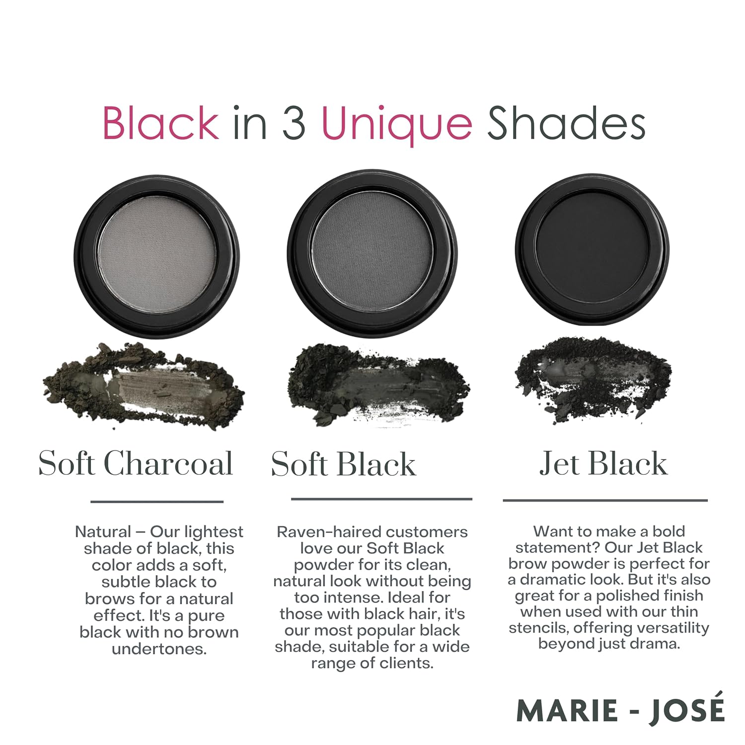 Marie-José Eyebrow Powder Soft Black - Ideal for those with Black Hair - Effortless All-Day Brow Beauty - Compact Size 0.10oz for Purse or Travel Size - Made in USA