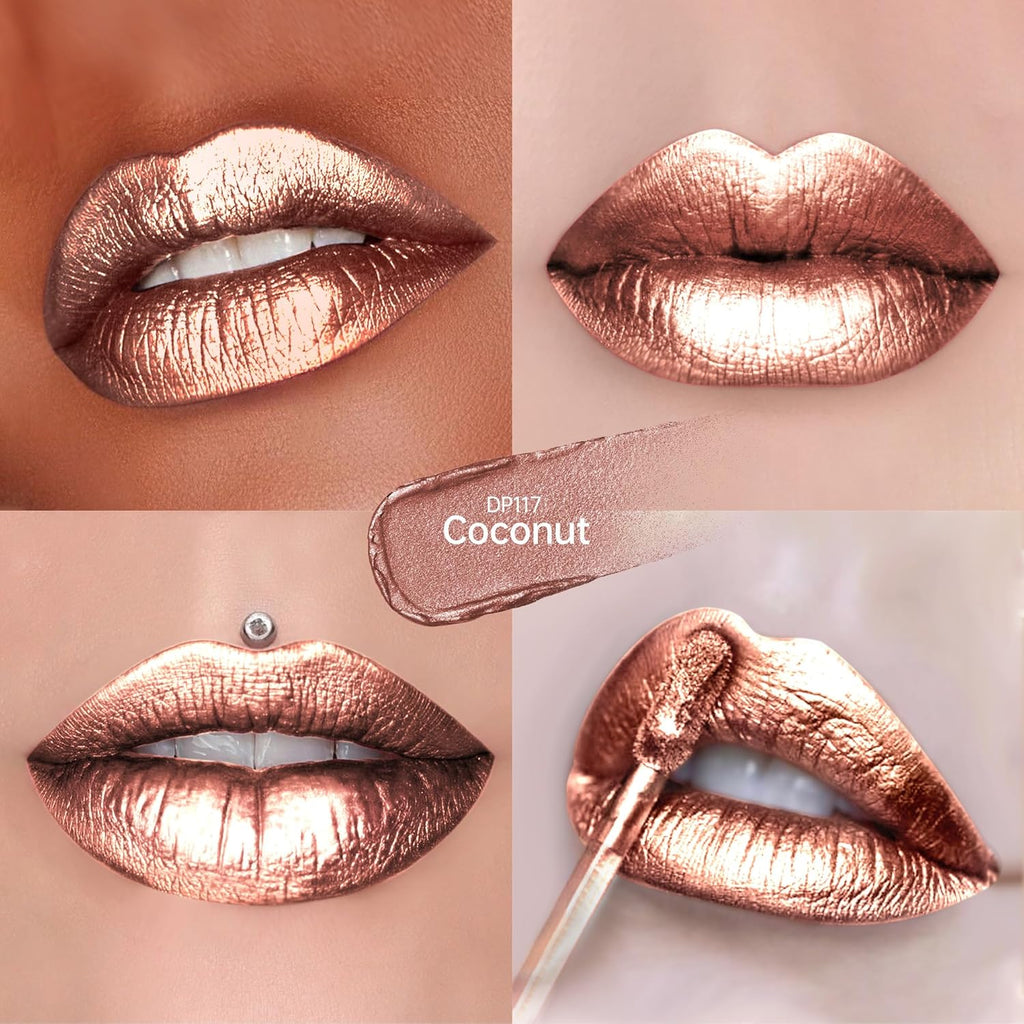 Nude Lipsticks for Women Metallic Lipstick Long Lasting Non Stick Cup Lip Gloss, Shimmer Lightweight Hydrating Full Coverage Lip Color, DP117 Coconut