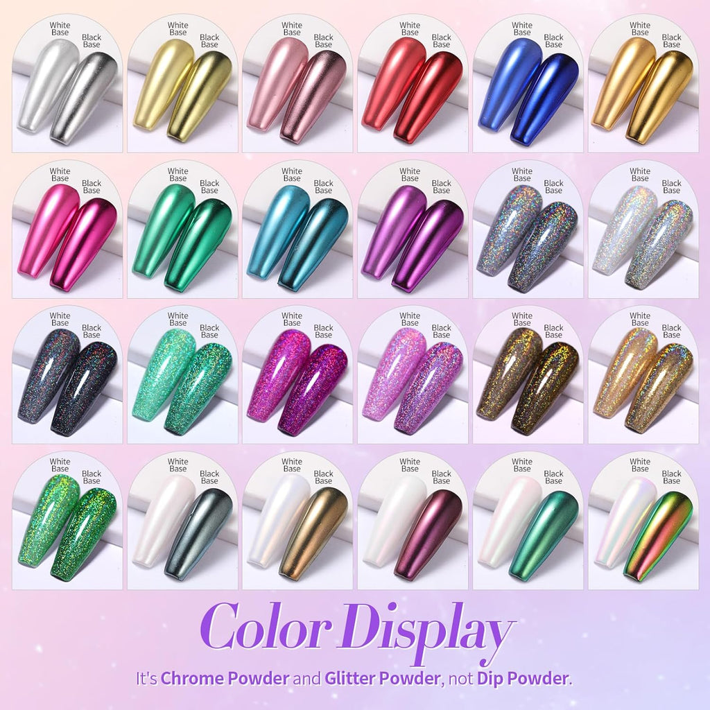 BORN PRETTY Holographic Nail Powder Mirror Metallic Powder Pigment Gold Silver Red Purple Blue Green 24 Colors Manicure Nail Art Decoration Sets for Christmas Gifts