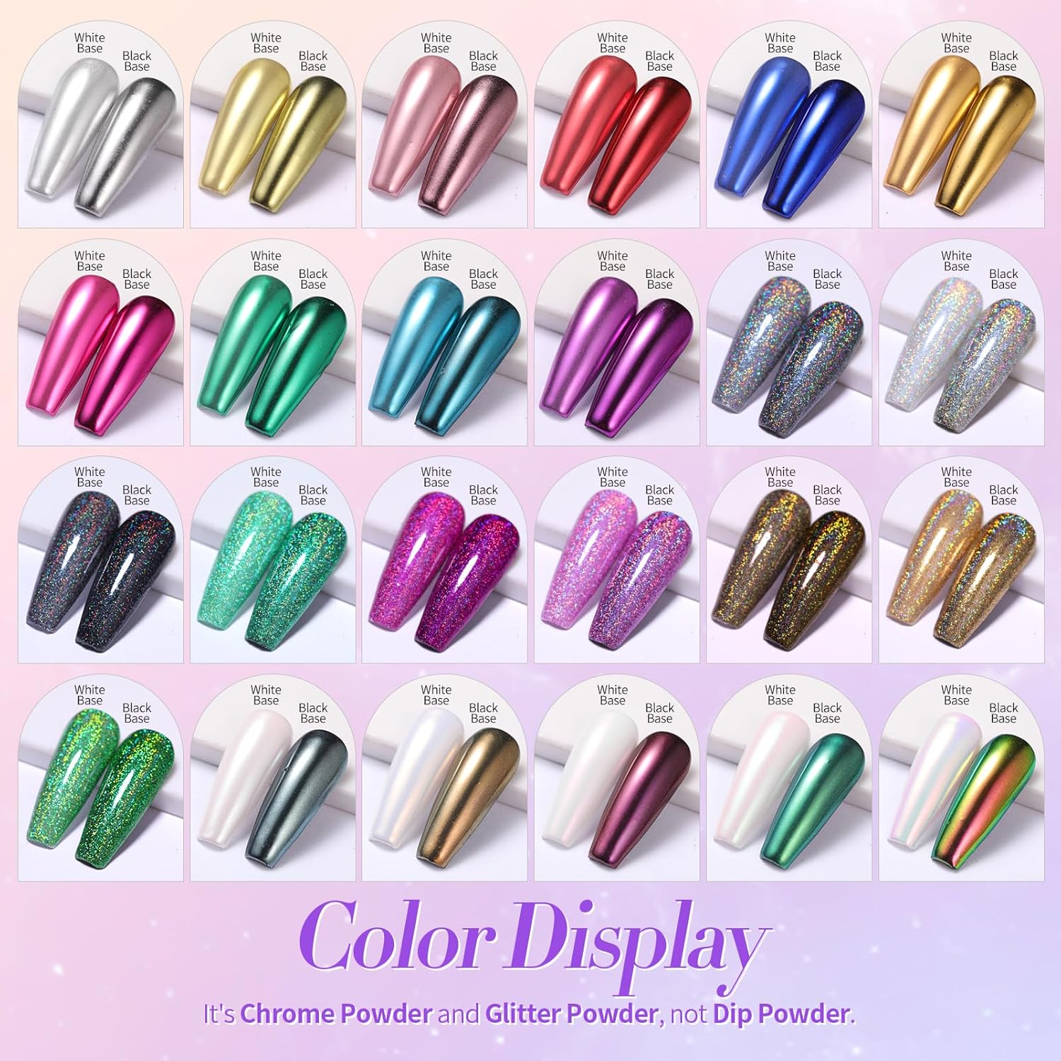 BORN PRETTY Holographic Nail Powder Mirror Metallic Powder Pigment Gold Silver Red Purple Blue Green 24 Colors Manicure Nail Art Decoration Sets for Christmas Gifts