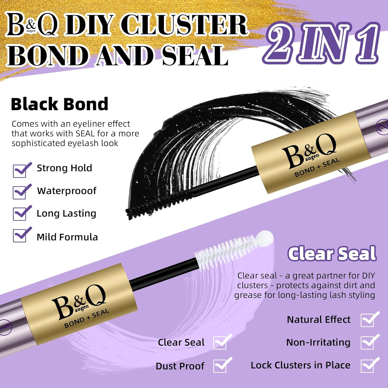 B&Q Lash Cluster Glue 10ml, Waterproof Bond and Seal Lash Glue, Long Lasting cluster lash glue, 2 in 1 Eyelash glue for Clusters Use Strong Hold 48h (Bond & Seal)