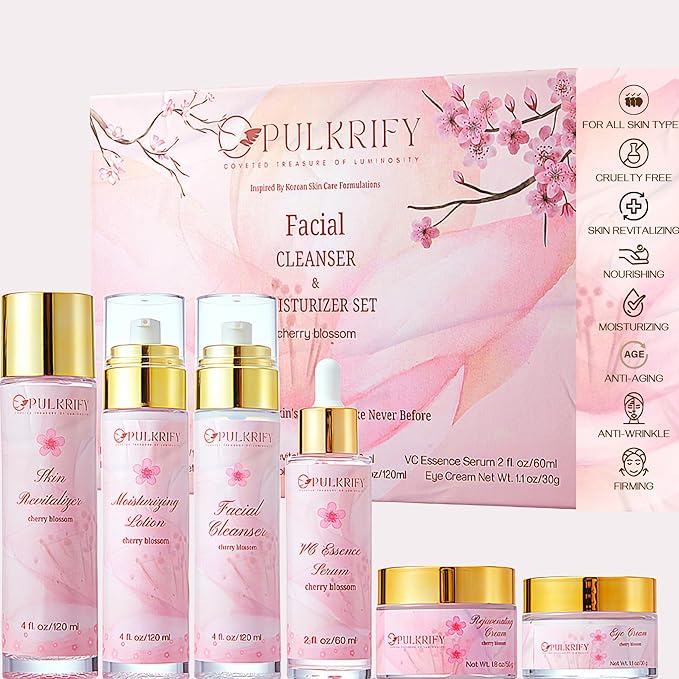 Luxurious Korean Style Cherry Blossom Facial Cleanser & Moisturizer Set, Facial Cleanser, Moisturizer, Revitalizer, Serum, Rejuvenator, Eye Cream, Daily Skincare Routine, Retinol Free