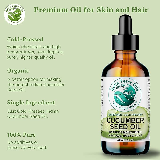 Bella Terra Oils - Cucumber Seed Oil 2 oz - Cold-Pressed Marvel, Packed with Vitamin E, B1, B2 & B3, Omega-6 Fatty Acids, Perfect Complement to Your Skin Regimen