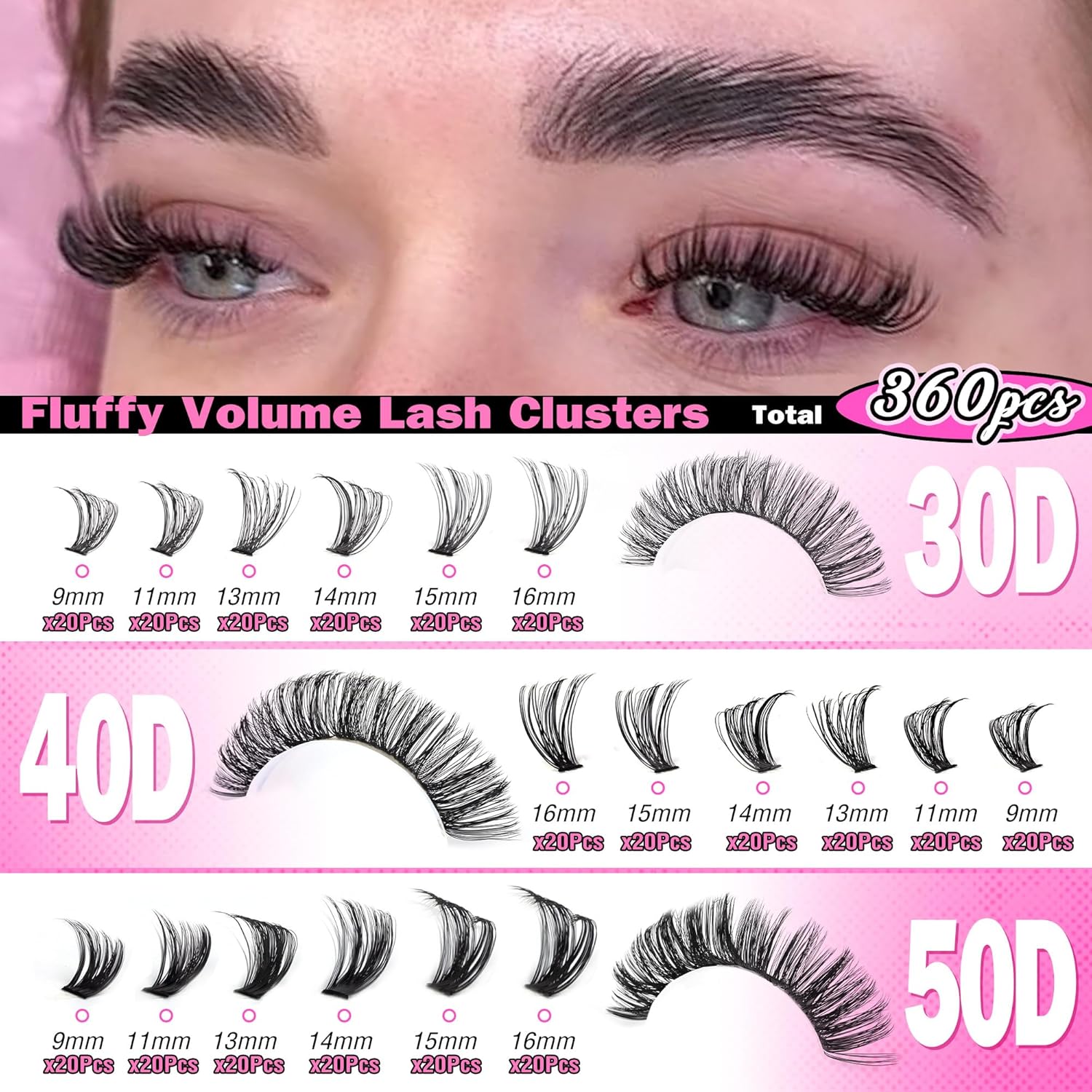 Focipeysa Fluffy 360pcs Lash Clusters 30P+40P+50P DIY Lash Extension Volume Thick Clusters Lashes D Curl Eyelash Extension 9-16mm Individual Lash for Self Application at Home