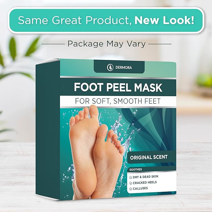 DERMORA Foot Peel Mask - 2 Pack of Regular Size Skin Exfoliating Foot Masks for Dry, Cracked Feet, Callus, Dead Skin Remover for Baby Soft Feet, Original Scent