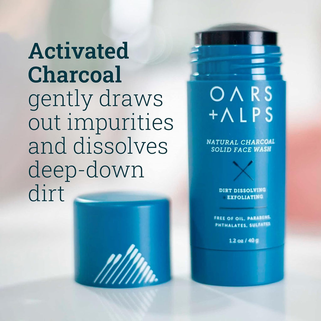 Oars + Alps Exfoliating Face Wash Stick, 2-in-1 Cleanser & Exfoliant with Activated Charcoal & Alpine Moss, Dermatologist Tested, Spill-Free, Travel Size, 1.2 Oz