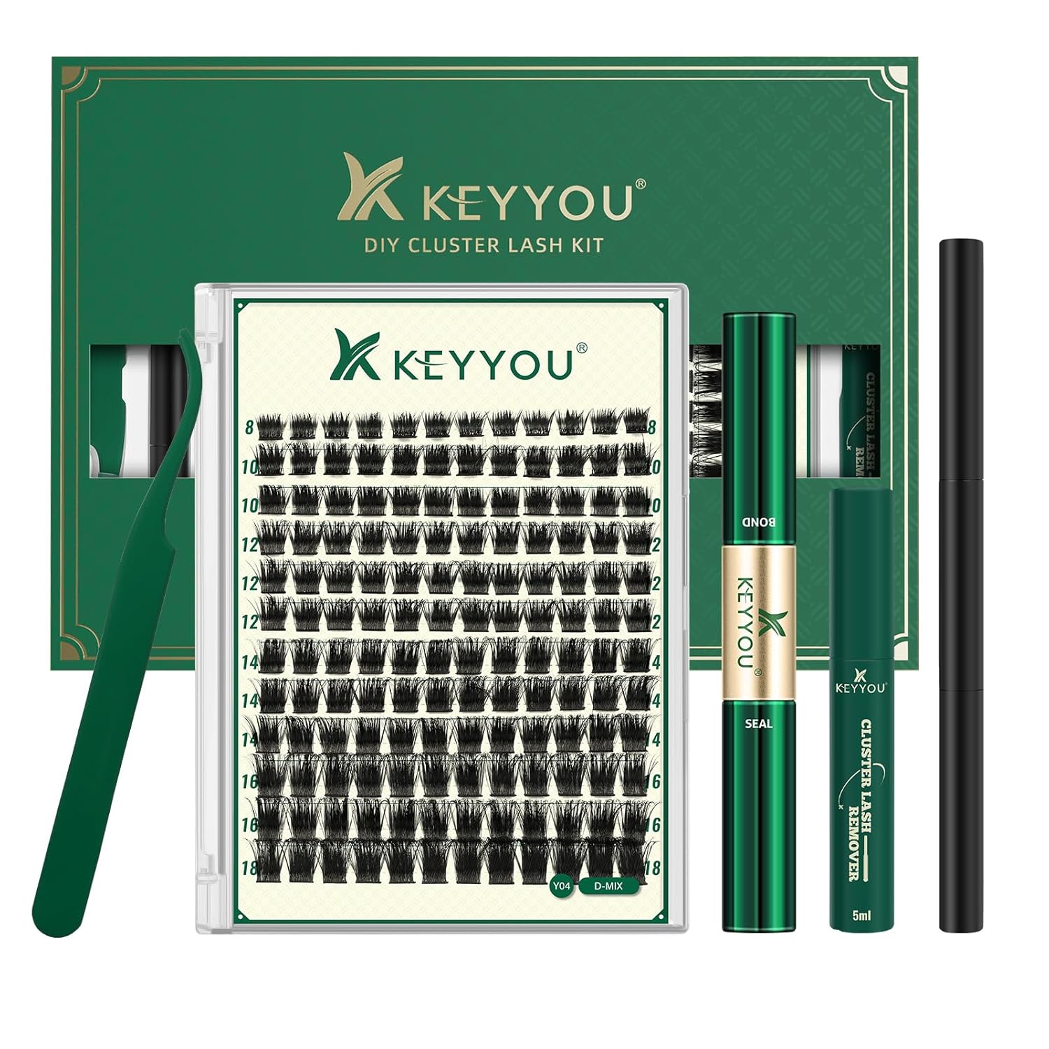 DIY Lash Extension Kit KEYYOU 144pcs Lash Clusters Eyelash Extension Kit with Mascara Brush Bond and Seal Lash Glue Remover Lash Applicators Lash Brush for DIY Lash Extensions (Y04 Kit)
